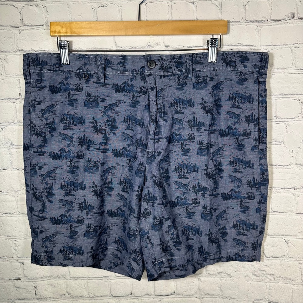 Eddie Bauer Mens Blue Fishing Scenic Print Cotton Shorts Size 38 Outdoors Fish